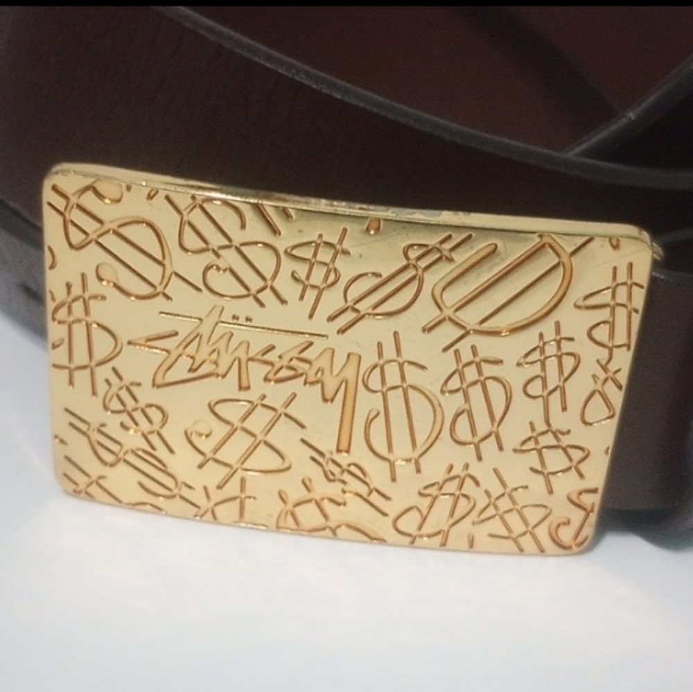 Vintage Stussy Gold Dollar Sign Buckle Leather Belt Brown Super Rare